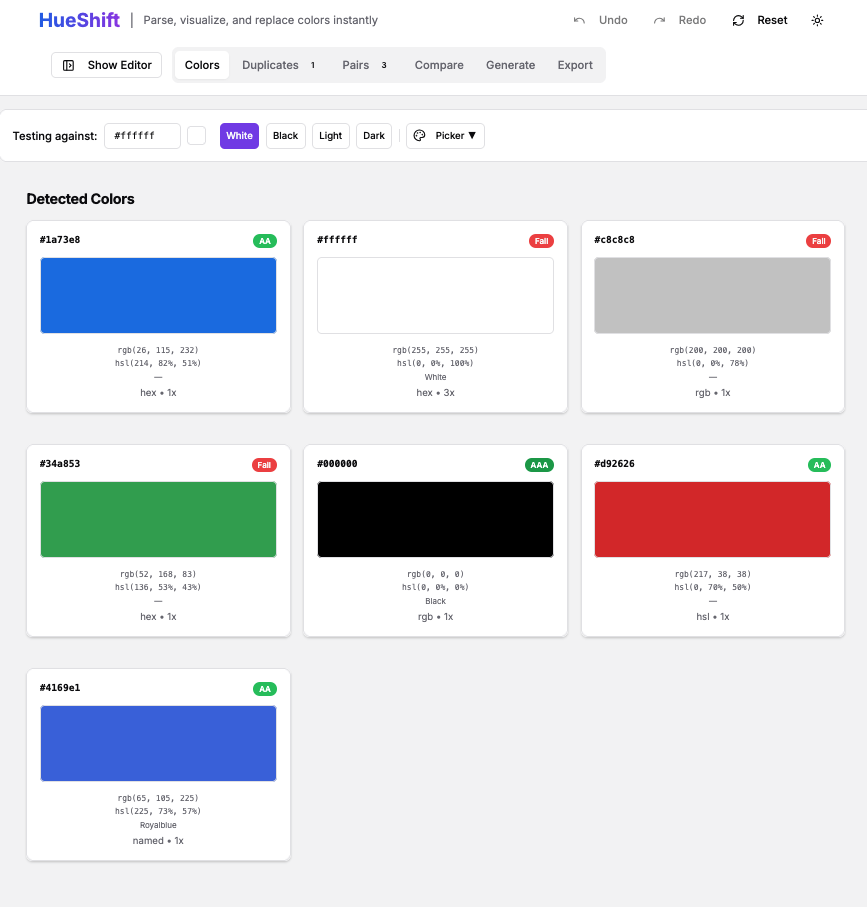 HueShift color gallery showing color swatches with format labels and usage counts