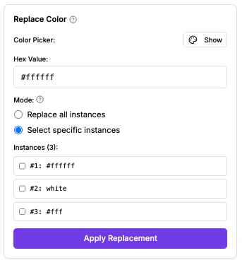 HueShift selective replacement mode showing individual color instances with checkboxes