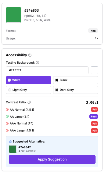 HueShift WCAG contrast checker showing accessibility compliance and suggested alternatives